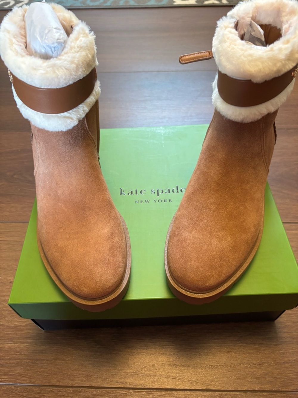 kate spade Tan Suede Shearling Cuff Ankle Boots